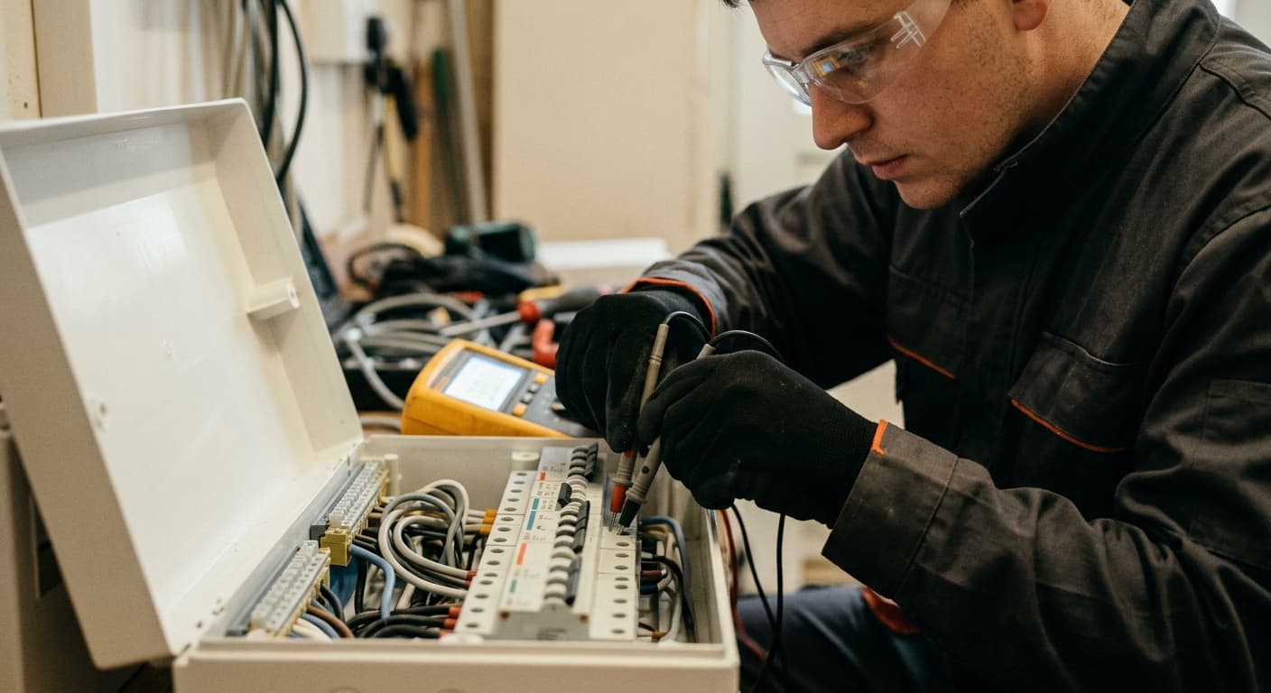 Elektriker prüft eine offene Unterverteilung mit Multimeter und Messspitzen.