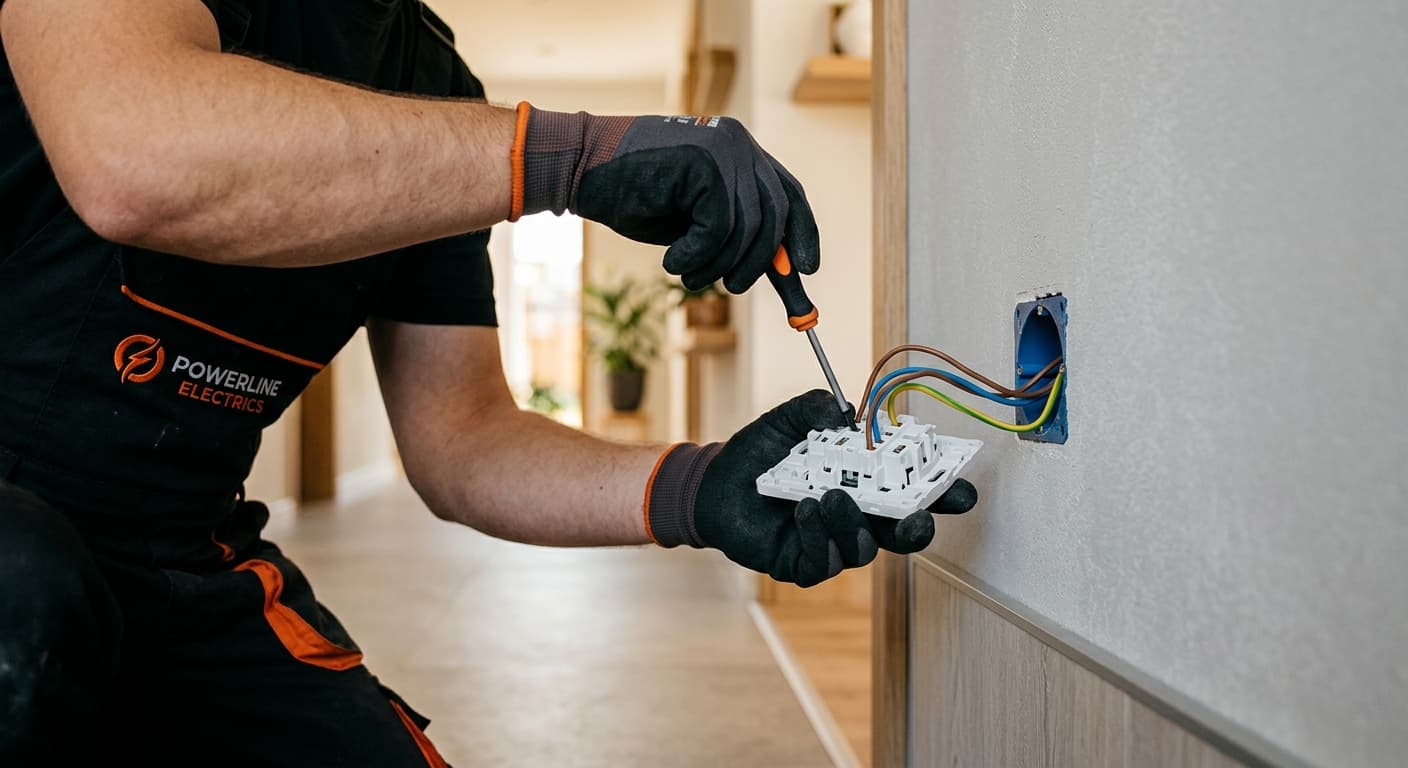 Elektriker mit Schutzhandschuhen schließt eine Steckdose an der Wand an.