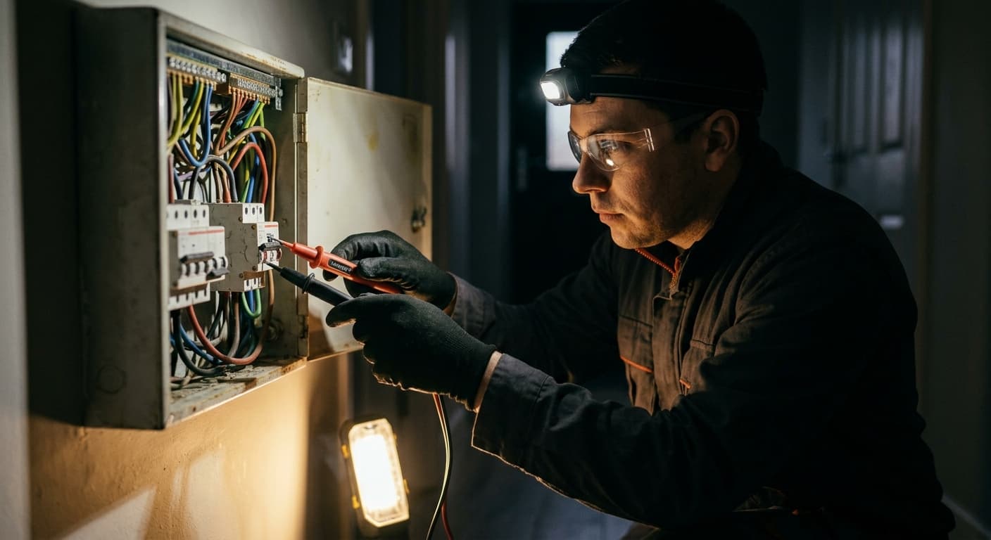 Elektriker sucht bei Nacht mit Stirnlampe und Prüfgerät eine Störung am Sicherungskasten.