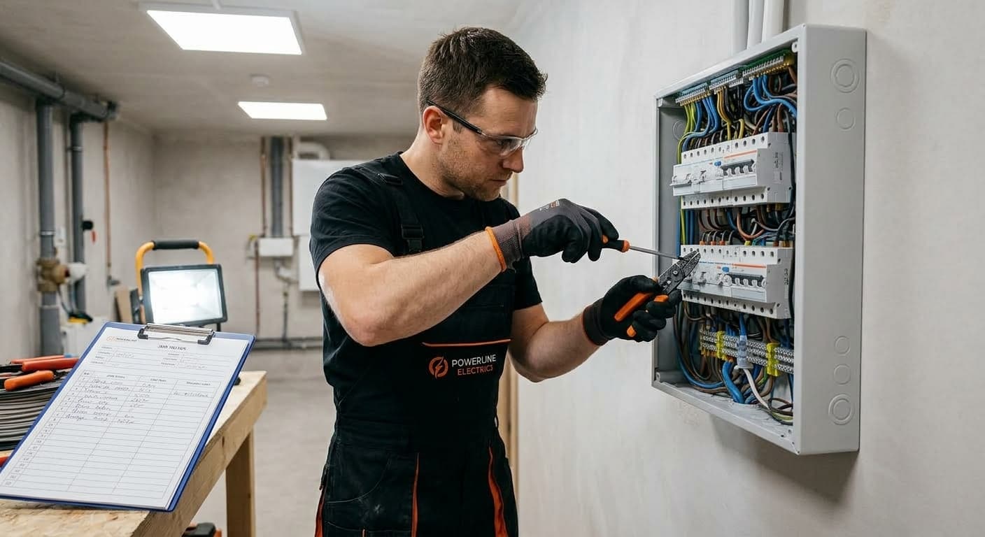 Elektriker mit Schutzbrille arbeitet mit einer Abisolierzange am geöffneten Sicherungskasten.